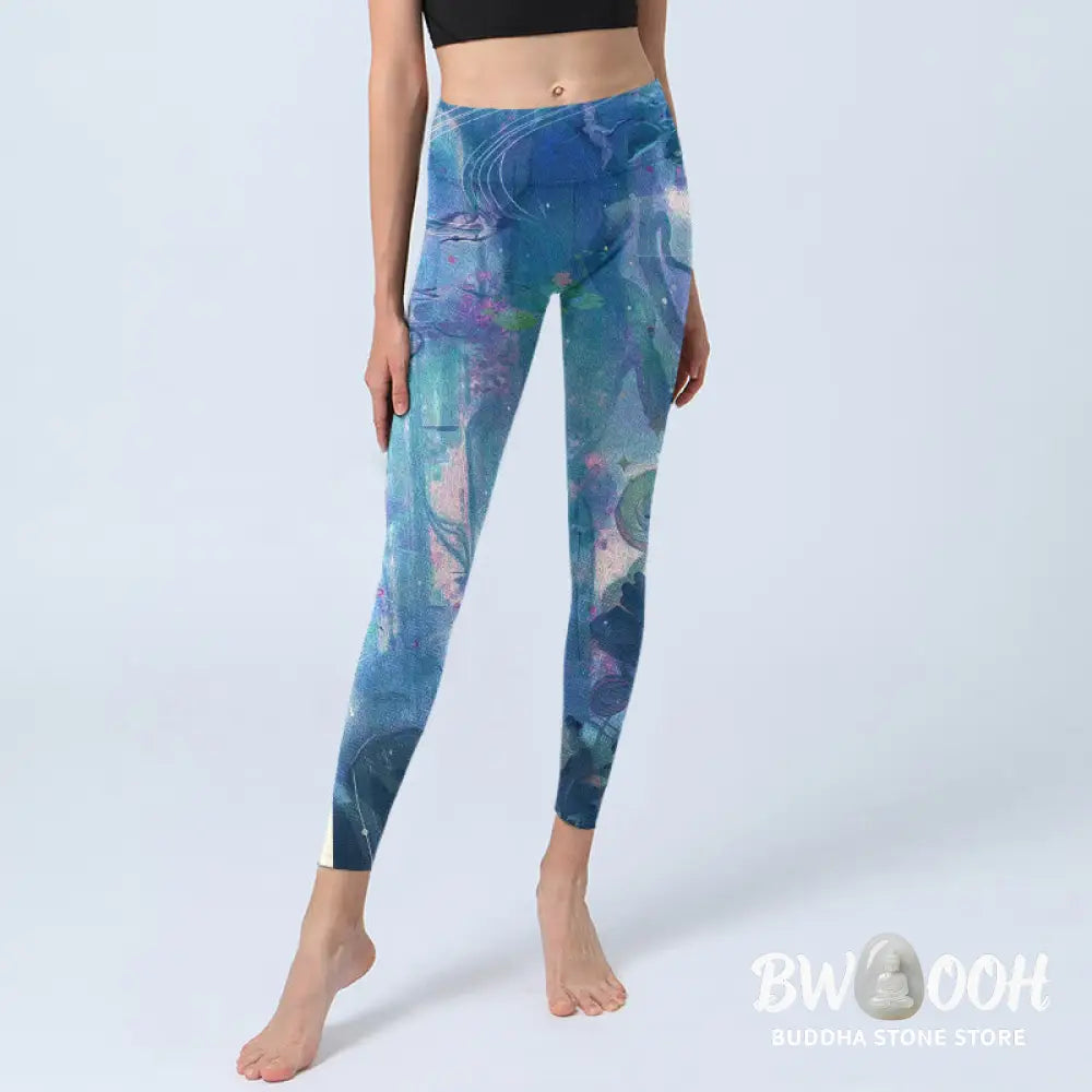 BWOOOH lotus print yoga leggings - Lotus Flowers Leaves Birds Gym Leggings 