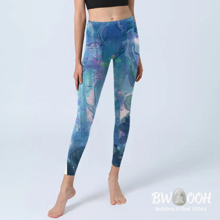 BWOOOH lotus print yoga leggings - Lotus Flowers Leaves Birds Gym Leggings 