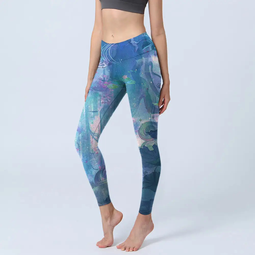 BWOOOH lotus print yoga leggings - Lotus Flowers Leaves Birds Gym Leggings 
