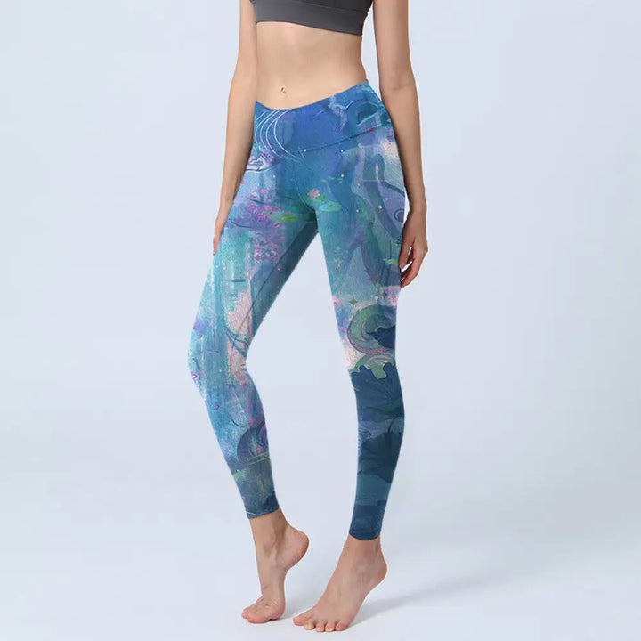 BWOOOH lotus print yoga leggings - Lotus Flowers Leaves Birds Gym Leggings 