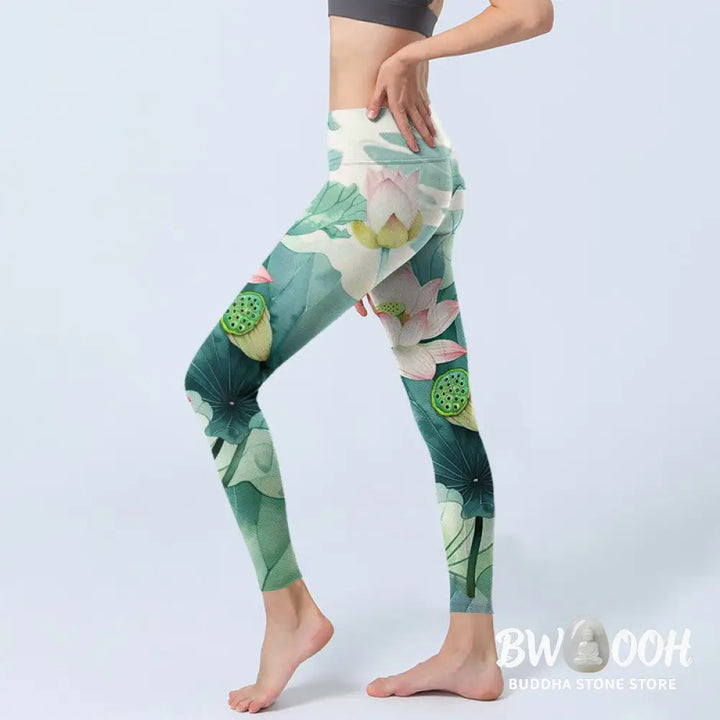 BWOOOH lotus print yoga leggings - Lotus Flowers Leaves Lotus Pods Pattern 