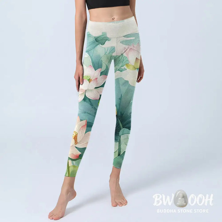 BWOOOH lotus print yoga leggings - Lotus Flowers Leaves Lotus Pods Pattern 