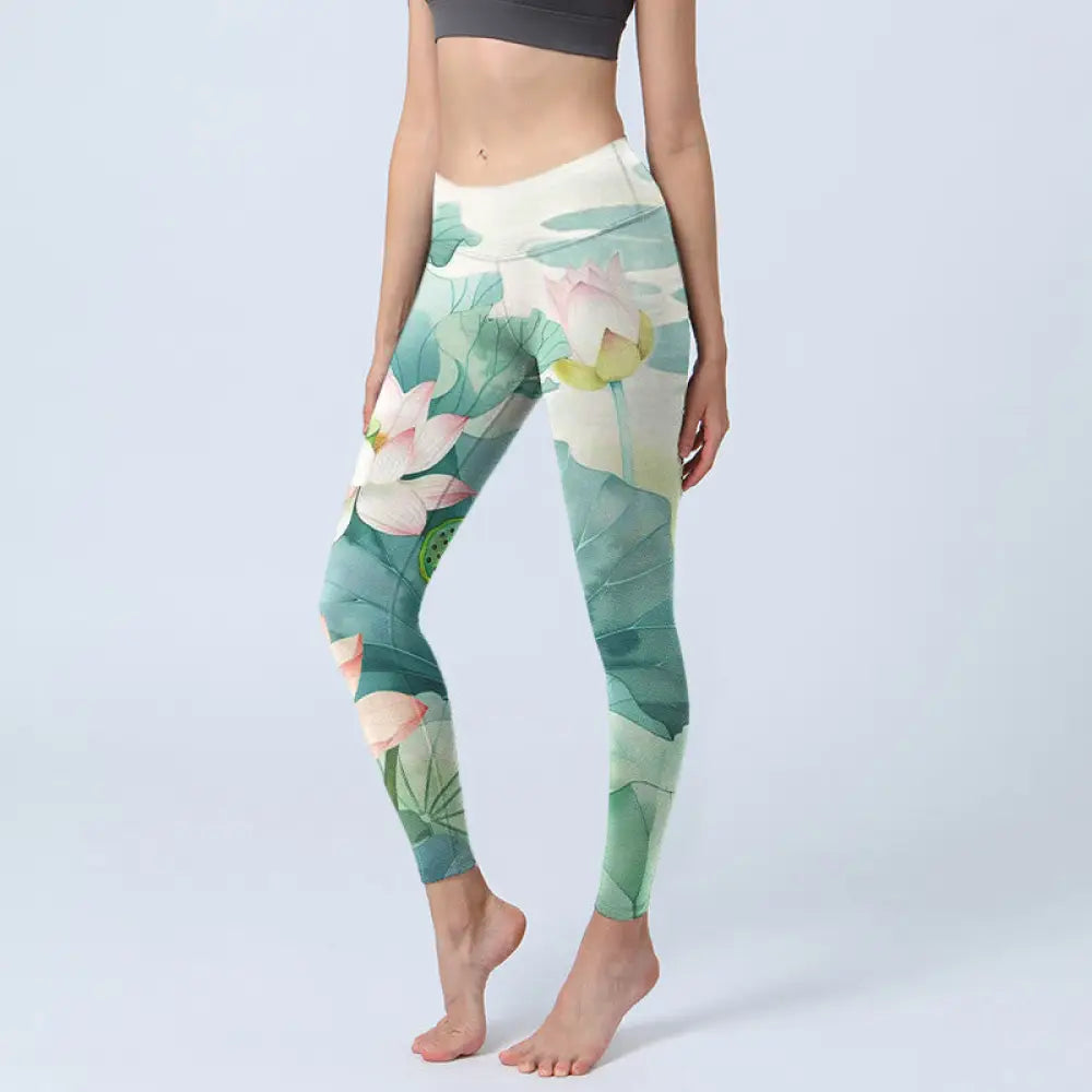 BWOOOH lotus print yoga leggings - Lotus Flowers Leaves Lotus Pods Pattern 
