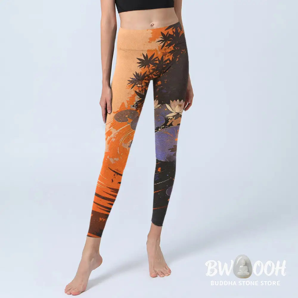 BWOOOH lotus print yoga leggings - Lotus Flowers Leaves Water Ripples Patte