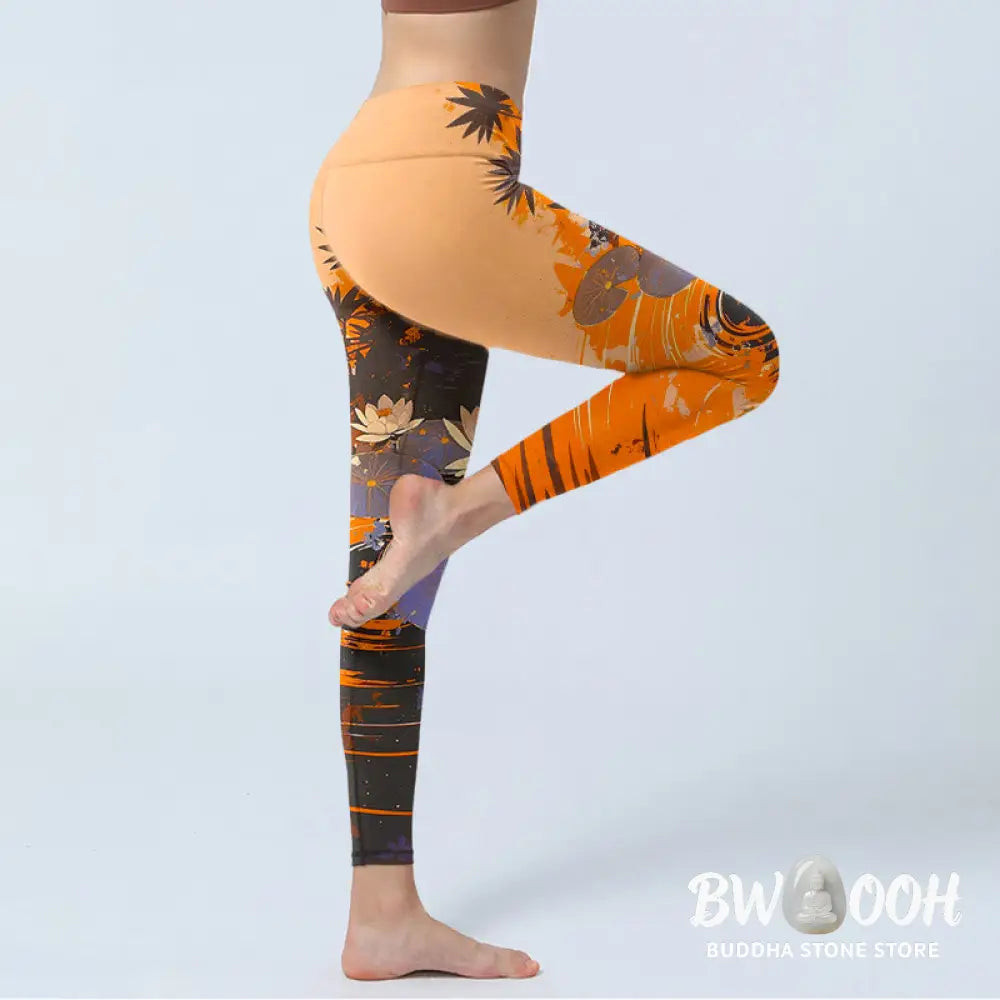 BWOOOH lotus print yoga leggings - Lotus Flowers Leaves Water Ripples Patte