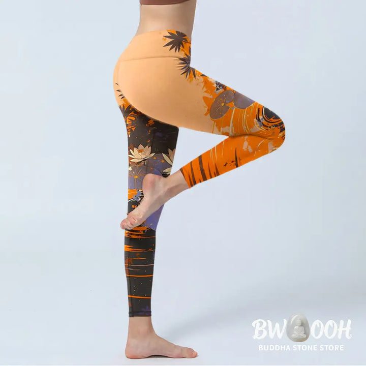 BWOOOH lotus print yoga leggings - Lotus Flowers Leaves Water Ripples Patte