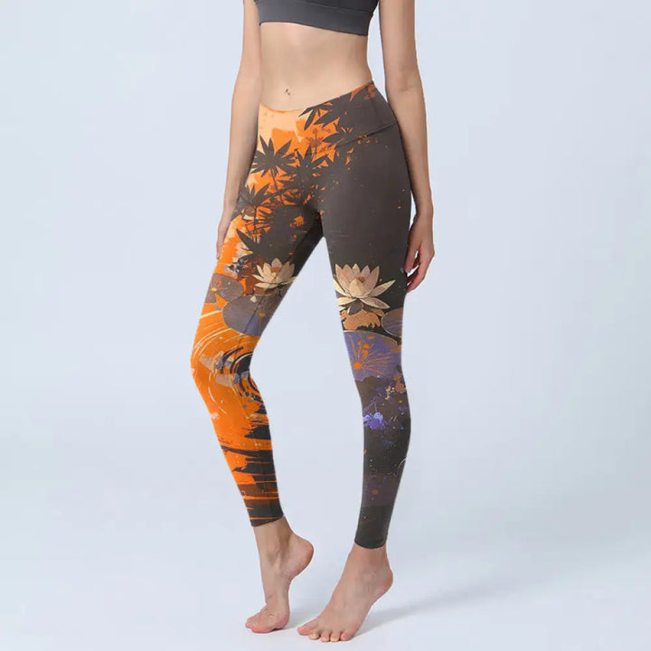 BWOOOH lotus print yoga leggings - Lotus Flowers Leaves Water Ripples Patte
