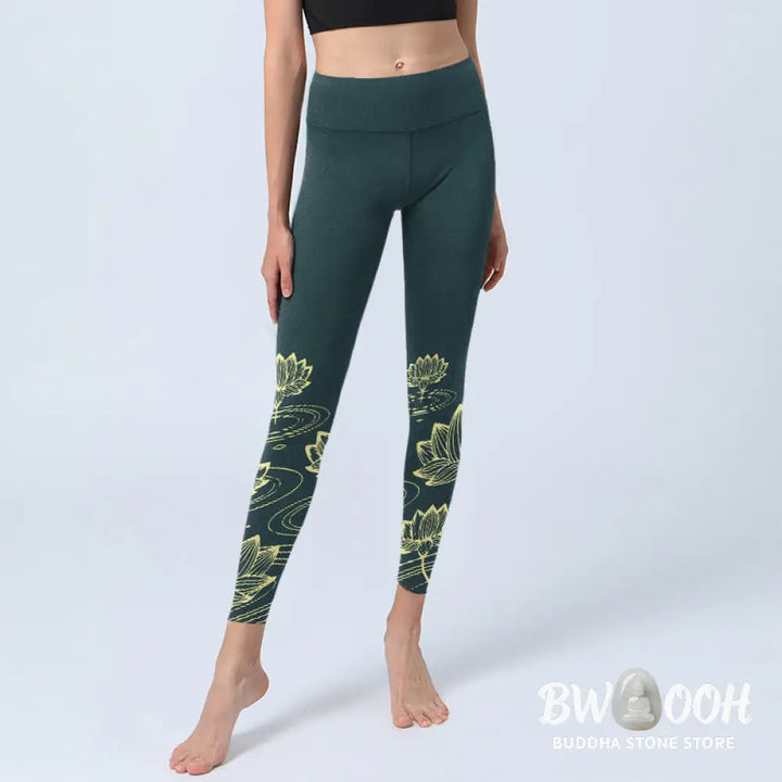 BWOOOH lotus print yoga leggings - Lotus Flowers Ripples Print Design Gym L