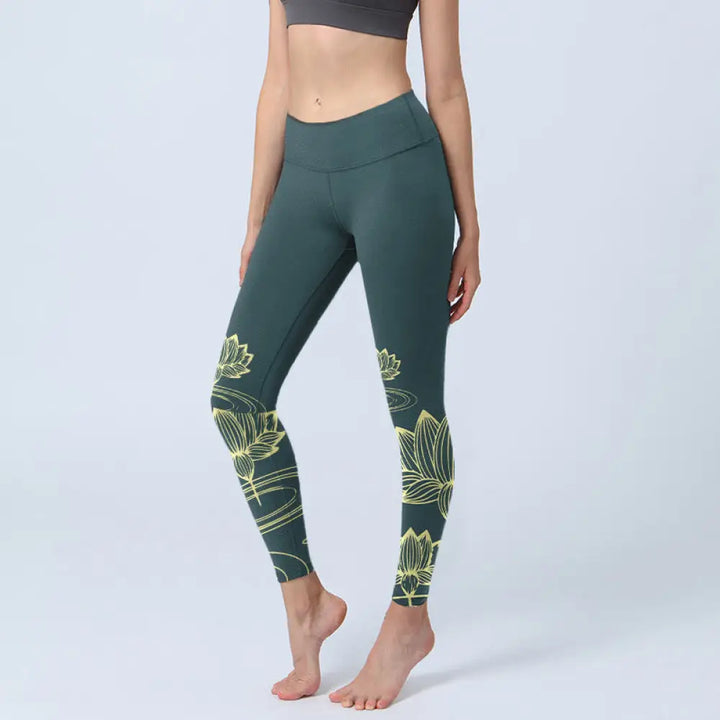 BWOOOH lotus print yoga leggings - Lotus Flowers Ripples Print Design Gym L