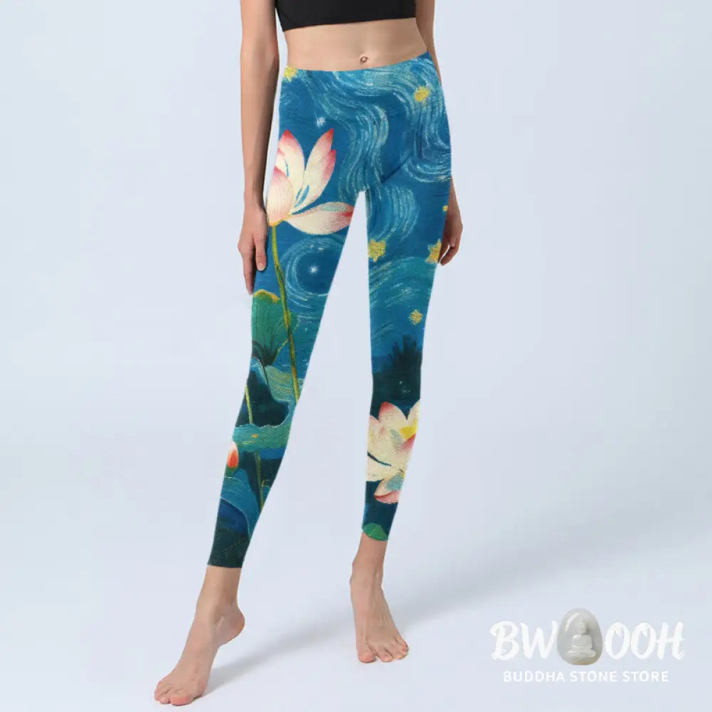 BWOOOH lotus print yoga leggings - Lotus Flowers Starry Sky Pattern Print G