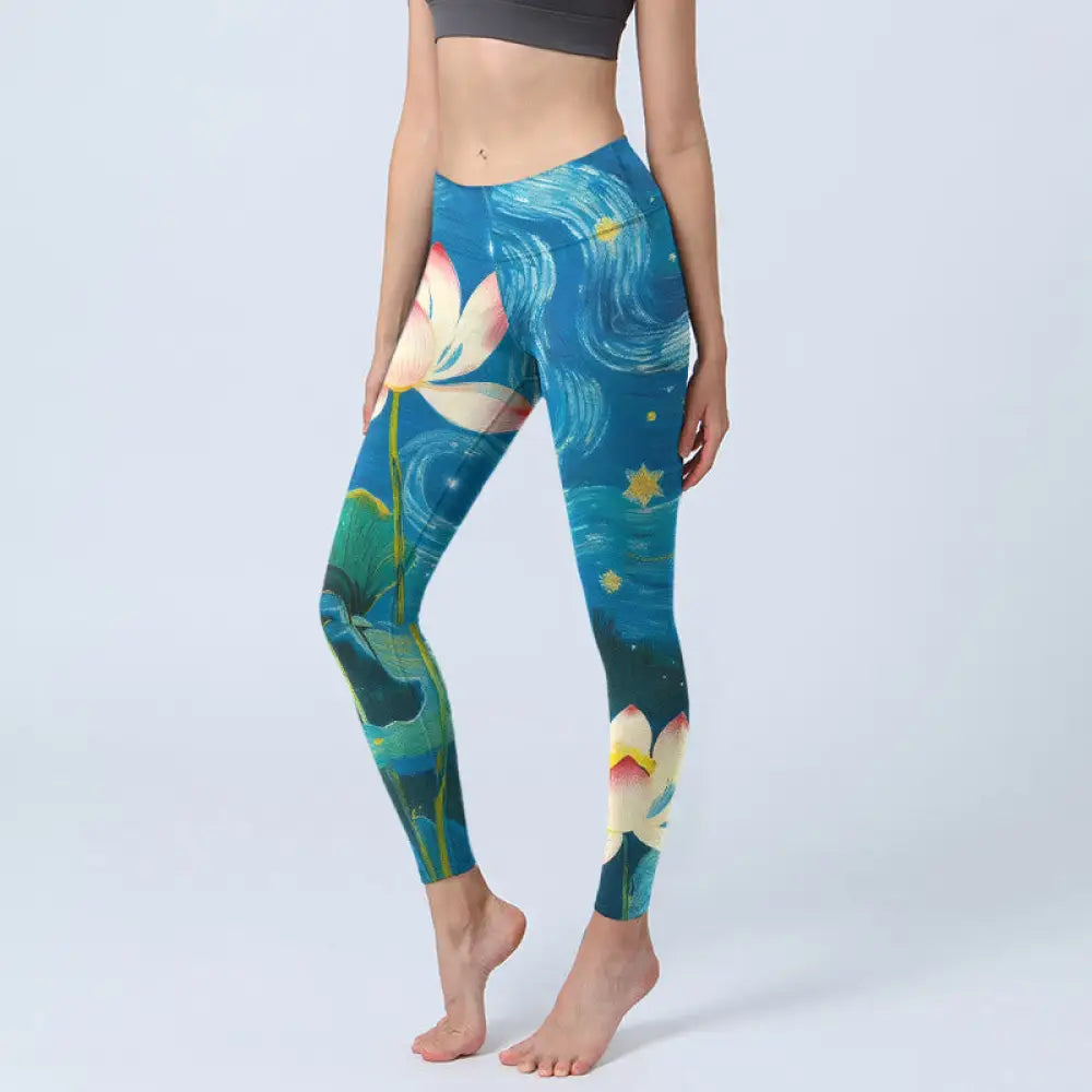 BWOOOH lotus print yoga leggings - Lotus Flowers Starry Sky Pattern Print G