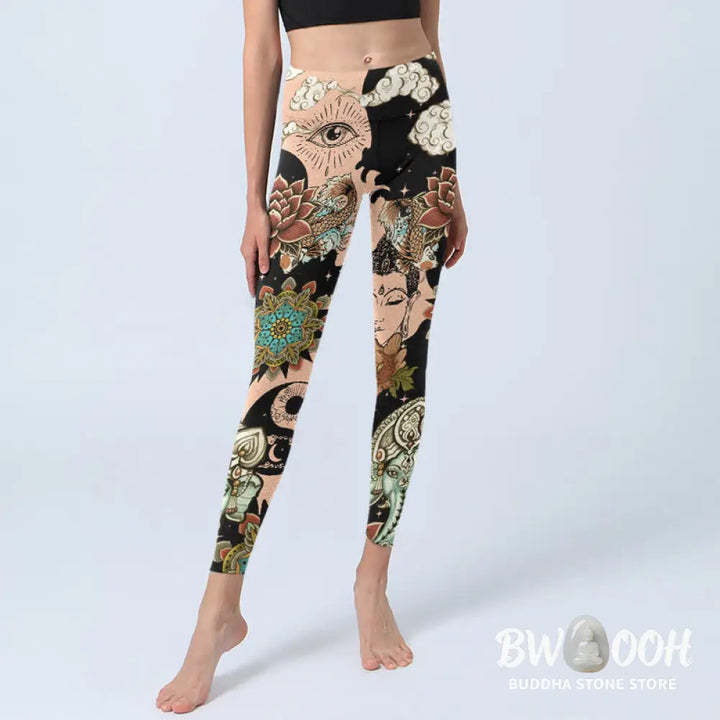 BWOOOH lotus print yoga leggings - Lotus Ganesh Mandala Evil Eye Koi Fish Y