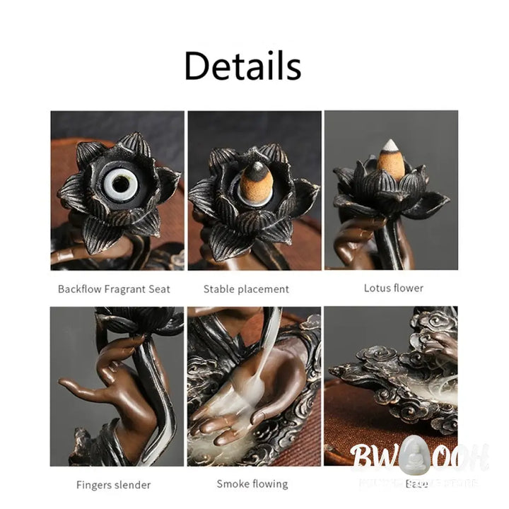 BWOOOH Lotus Buddha Hand Auspicious Clouds Pattern Meditation Resin Backflow Incense Burner - Lotus Buddha Hand