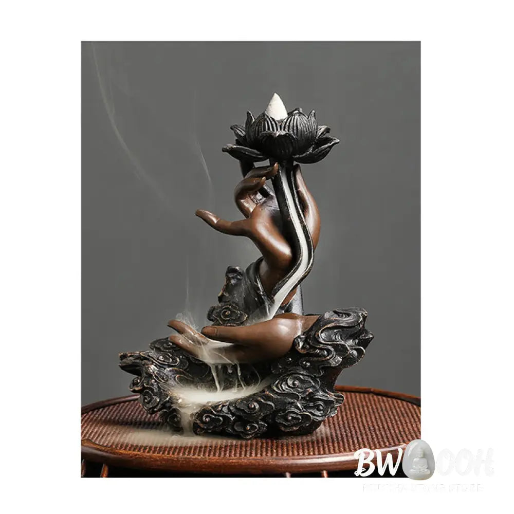 BWOOOH Lotus Buddha Hand Auspicious Clouds Pattern Meditation Resin Backflow Incense Burner - Lotus Buddha Hand