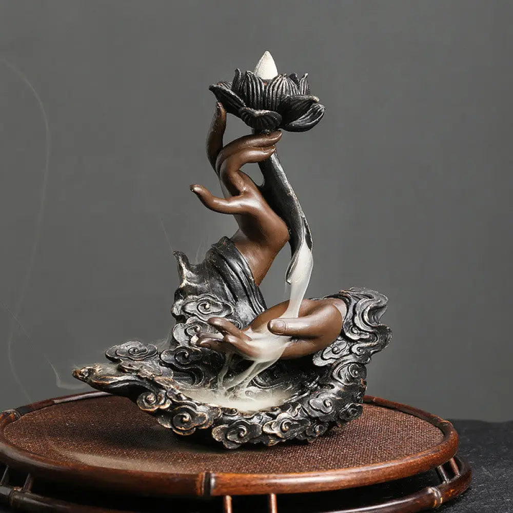 BWOOOH Lotus Buddha Hand Auspicious Clouds Pattern Meditation Resin Backflow Incense Burner - Lotus Buddha Hand