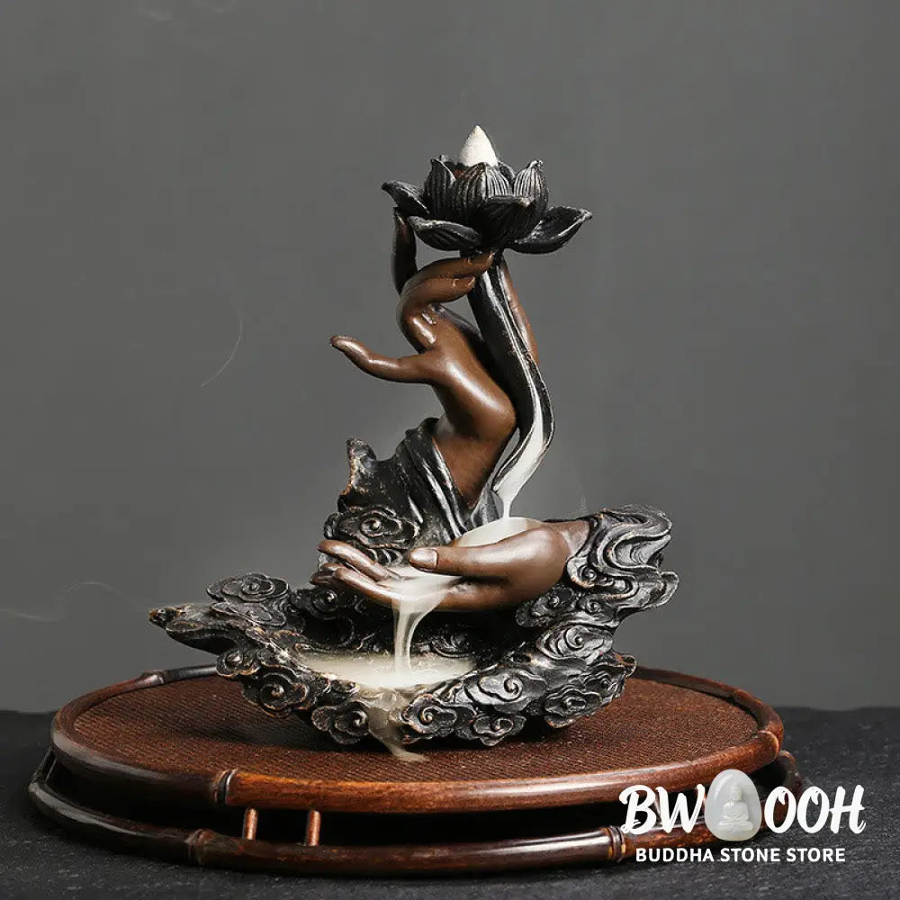 BWOOOH Lotus Buddha Hand Auspicious Clouds Pattern Meditation Resin Backflow Incense Burner - Lotus Buddha Hand