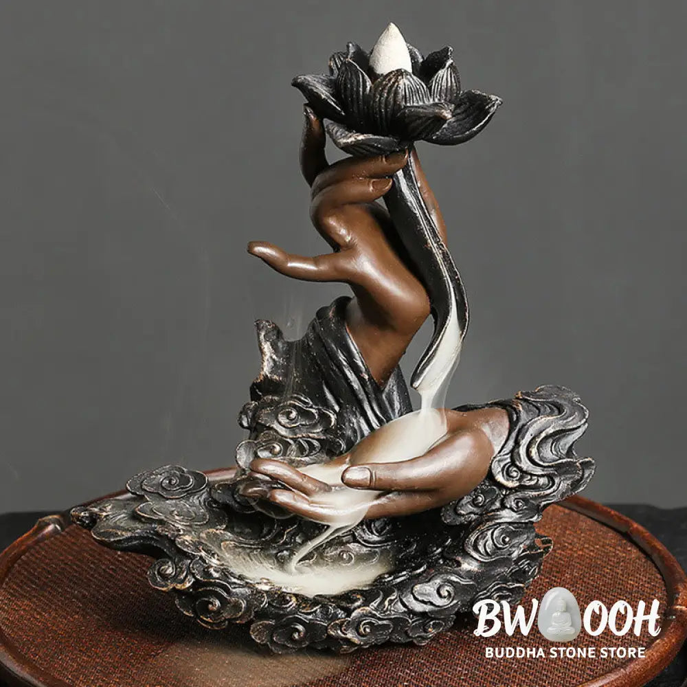 BWOOOH Lotus Buddha Hand Auspicious Clouds Pattern Meditation Resin Backflow Incense Burner - Lotus Buddha Hand
