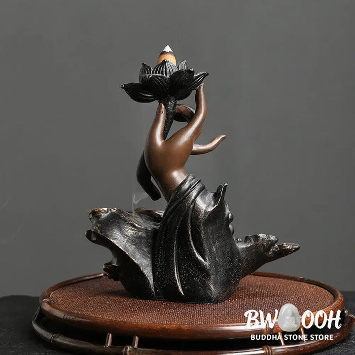 BWOOOH Lotus Buddha Hand Auspicious Clouds Pattern Meditation Resin Backflow Incense Burner - Lotus Buddha Hand