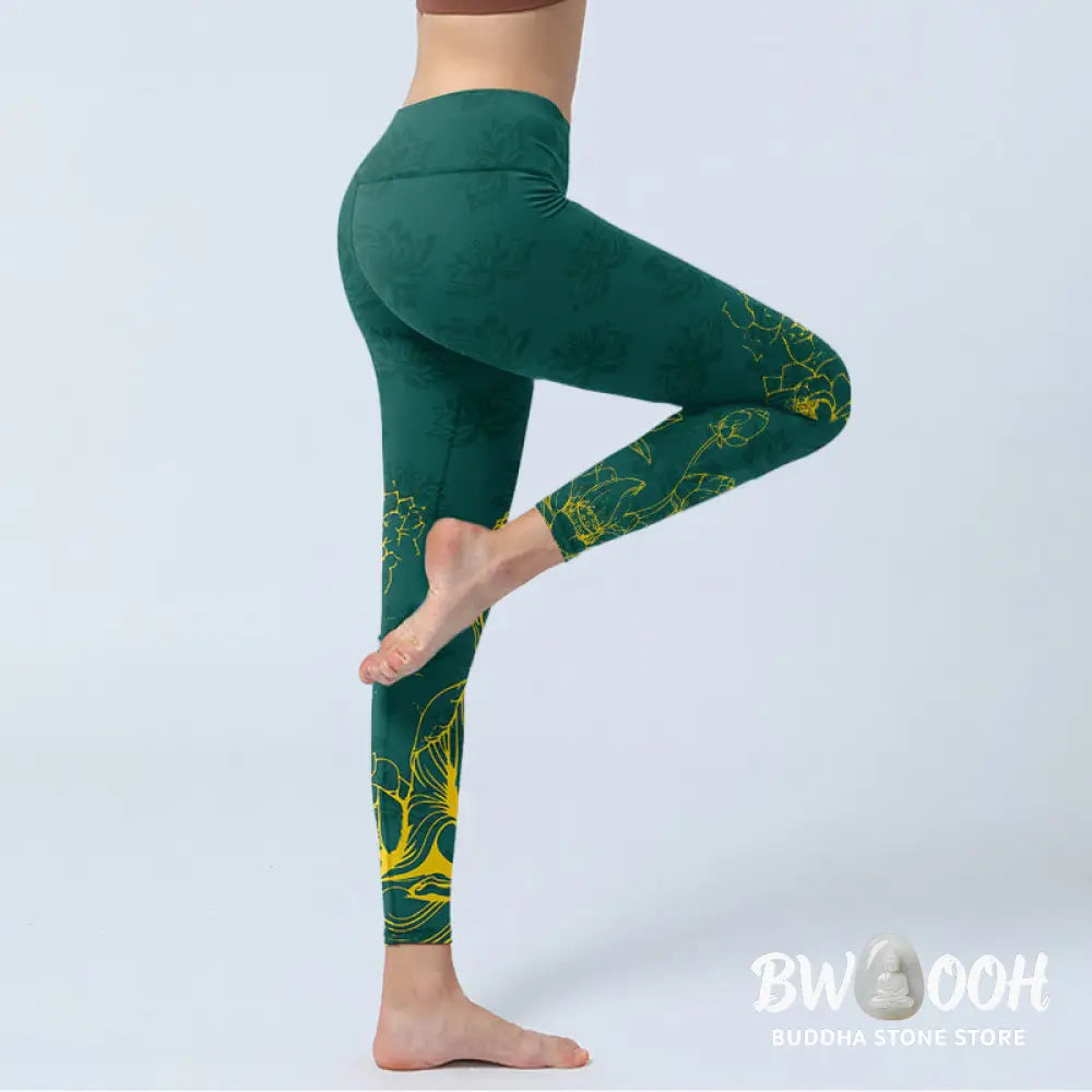 BWOOOH lotus print yoga leggings - Lotus Buddha Image Pattern Print Gym Leg