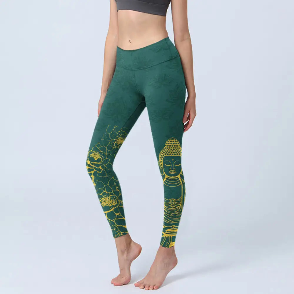 BWOOOH lotus print yoga leggings - Lotus Buddha Image Pattern Print Gym Leg