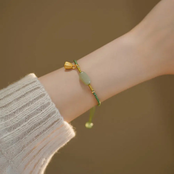 Buddha Stones Lotus Jade Peace Buckle Bead Luck Happiness Charm String Bracelet - BWOOOH - Lotus Jade Bead - Bracelet