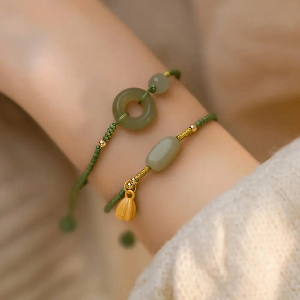 BWOOOH Lotus Jade Peace Buckle Bead Luck Happiness Charm String Bracelet – Jade and Lotus feng shui car charm for healing and spiritual wellness
