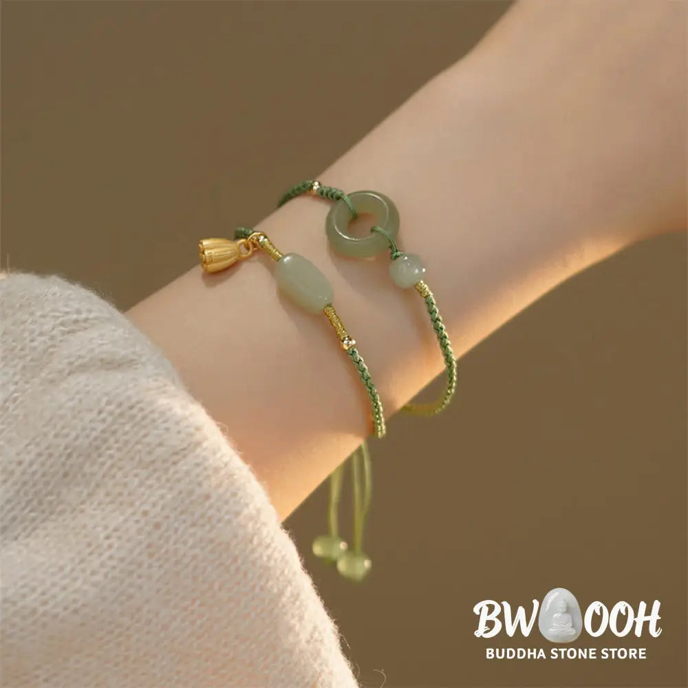 Buddha Stones Lotus Jade Peace Buckle Bead Luck Happiness Charm String Bracelet - BWOOOH - Bracelet