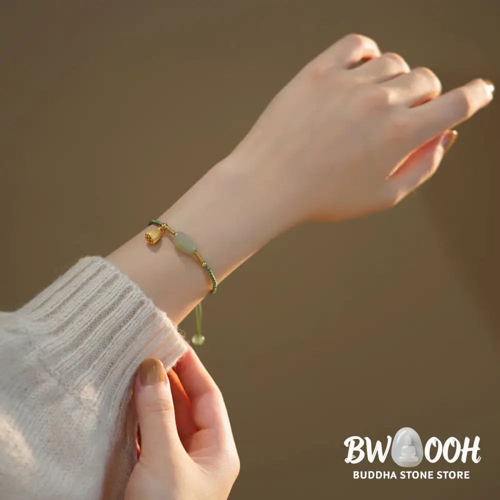 Buddha Stones Lotus Jade Peace Buckle Bead Luck Happiness Charm String Bracelet - BWOOOH - Bracelet