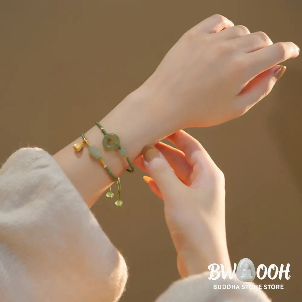 Buddha Stones Lotus Jade Peace Buckle Bead Luck Happiness Charm String Bracelet - BWOOOH - Bracelet