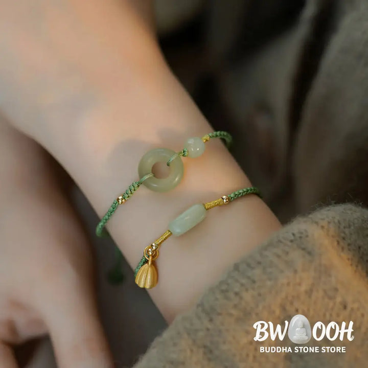 Buddha Stones Lotus Jade Peace Buckle Bead Luck Happiness Charm String Bracelet - BWOOOH - Bracelet