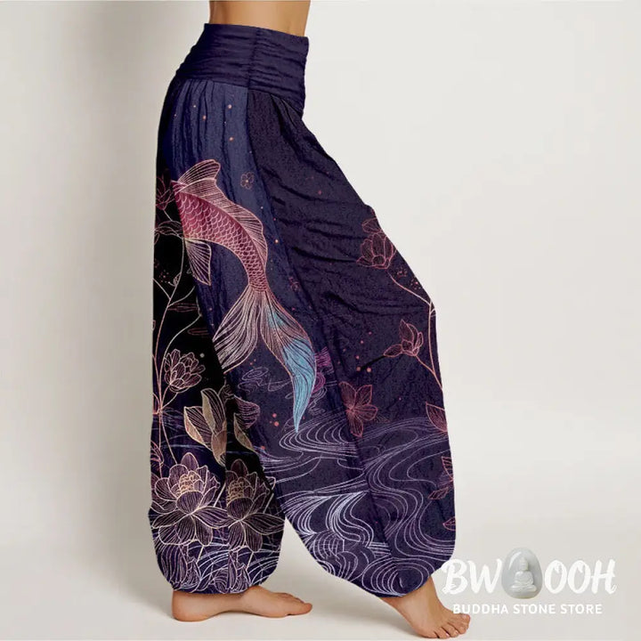 Buddha Stones Lotus Koi Fish Pattern Women’s Elastic Waist Pure Cotton Harem Pants - Women’s Harem Pants
