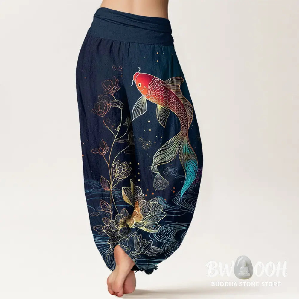 Buddha Stones Lotus Koi Fish Pattern Women’s Elastic Waist Pure Cotton Harem Pants - Women’s Harem Pants