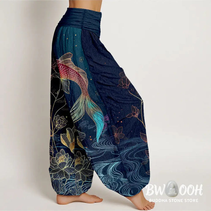 Buddha Stones Lotus Koi Fish Pattern Women’s Elastic Waist Pure Cotton Harem Pants - Women’s Harem Pants