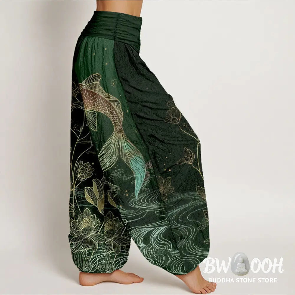 Buddha Stones Lotus Koi Fish Pattern Women’s Elastic Waist Pure Cotton Harem Pants - Women’s Harem Pants