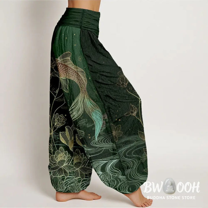 Buddha Stones Lotus Koi Fish Pattern Women’s Elastic Waist Pure Cotton Harem Pants - Women’s Harem Pants