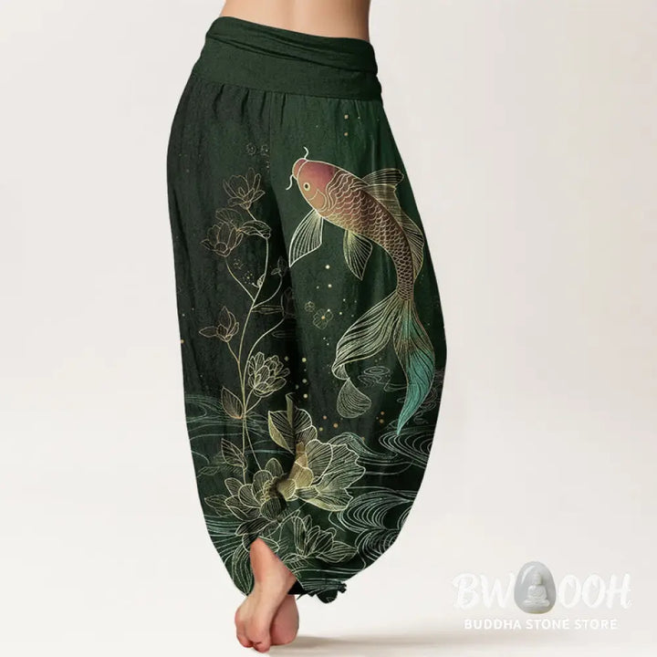 Buddha Stones Lotus Koi Fish Pattern Women’s Elastic Waist Pure Cotton Harem Pants - Women’s Harem Pants