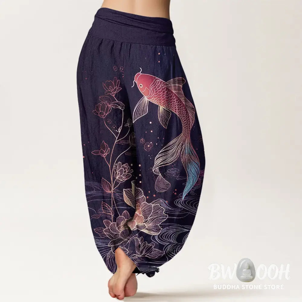 Buddha Stones Lotus Koi Fish Pattern Women’s Elastic Waist Pure Cotton Harem Pants - Women’s Harem Pants