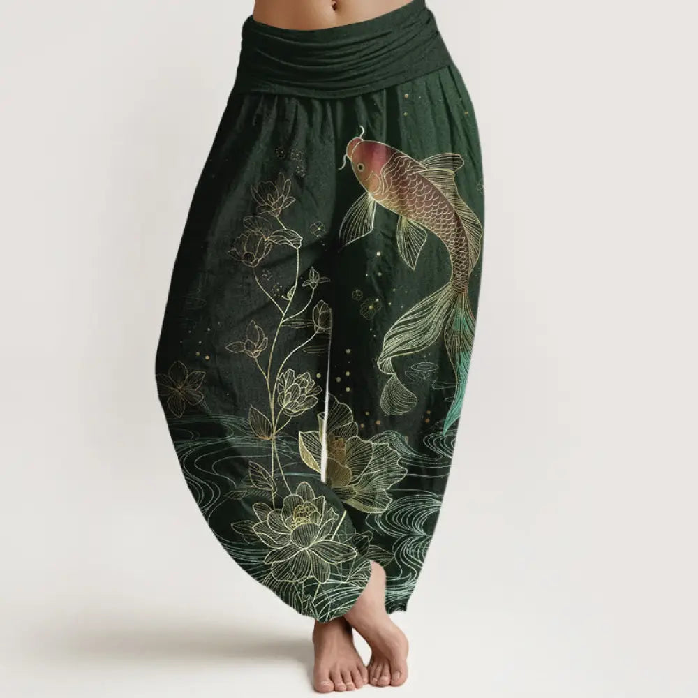 Buddha Stones Lotus Koi Fish Pattern Women’s Elastic Waist Pure Cotton Harem Pants - DarkGreen / US2，UK/AU6，EU34 (XS)