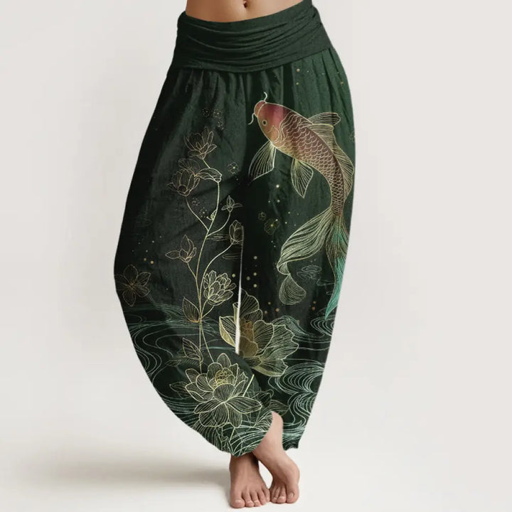 Buddha Stones Lotus Koi Fish Pattern Women’s Elastic Waist Pure Cotton Harem Pants - DarkGreen / US2，UK/AU6，EU34 (XS)