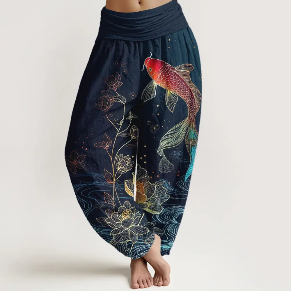 BWOOOH lotus print harem pants - Lotus Koi Fish Pattern Women's Elastic W
