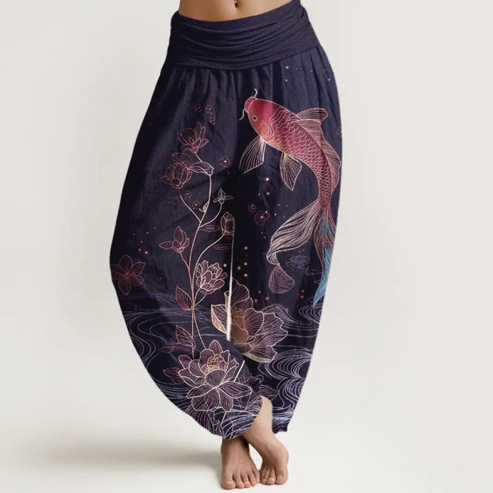 Buddha Stones Lotus Koi Fish Pattern Women’s Elastic Waist Pure Cotton Harem Pants - Indigo / US2，UK/AU6，EU34 (XS)