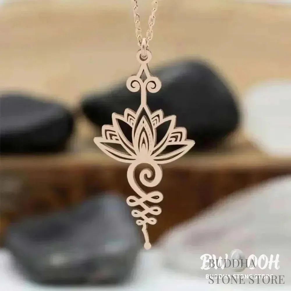 BWOOOH Lotus Luck Wealth Necklace Pendant crafted from durable titanium alloy, featuring an elegant lotus flower design. Available in lustrous silver, gold, and peachpuff finishes, symbolizing enlightenment and spiritual new beginnings. - View 5