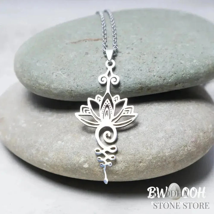 BWOOOH Lotus Luck Wealth Necklace Pendant crafted from durable titanium alloy, featuring an elegant lotus flower design. Available in lustrous silver, gold, and peachpuff finishes, symbolizing enlightenment and spiritual new beginnings. - View 2