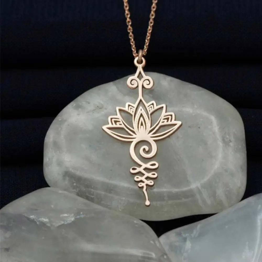 BWOOOH Lotus Luck Wealth Necklace Pendant crafted from durable titanium alloy, featuring an elegant lotus flower design. Available in lustrous silver, gold, and peachpuff finishes, symbolizing enlightenment and spiritual new beginnings. - View 4