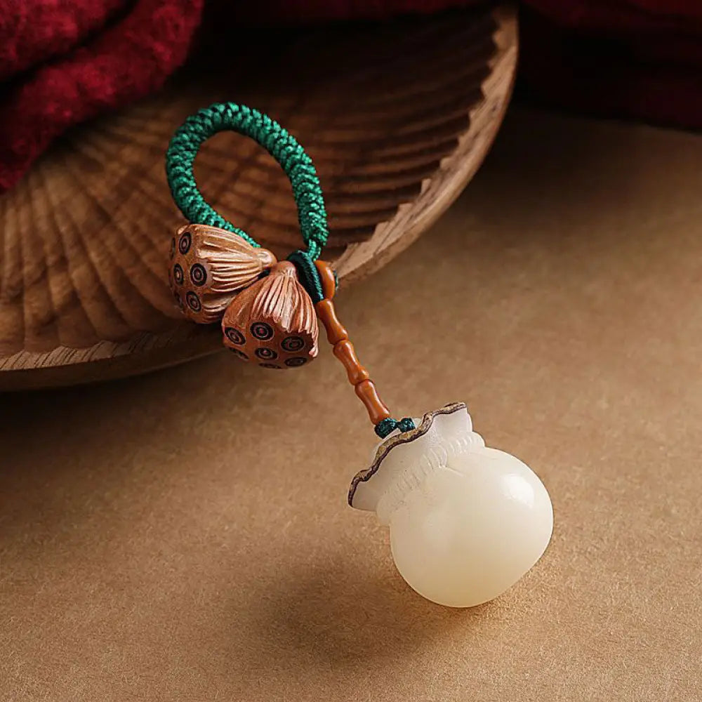 Buddha Stones Lotus Natural White Bodhi Seed Peach Wood Luck Keychain Decoration - 2 - Key Chain