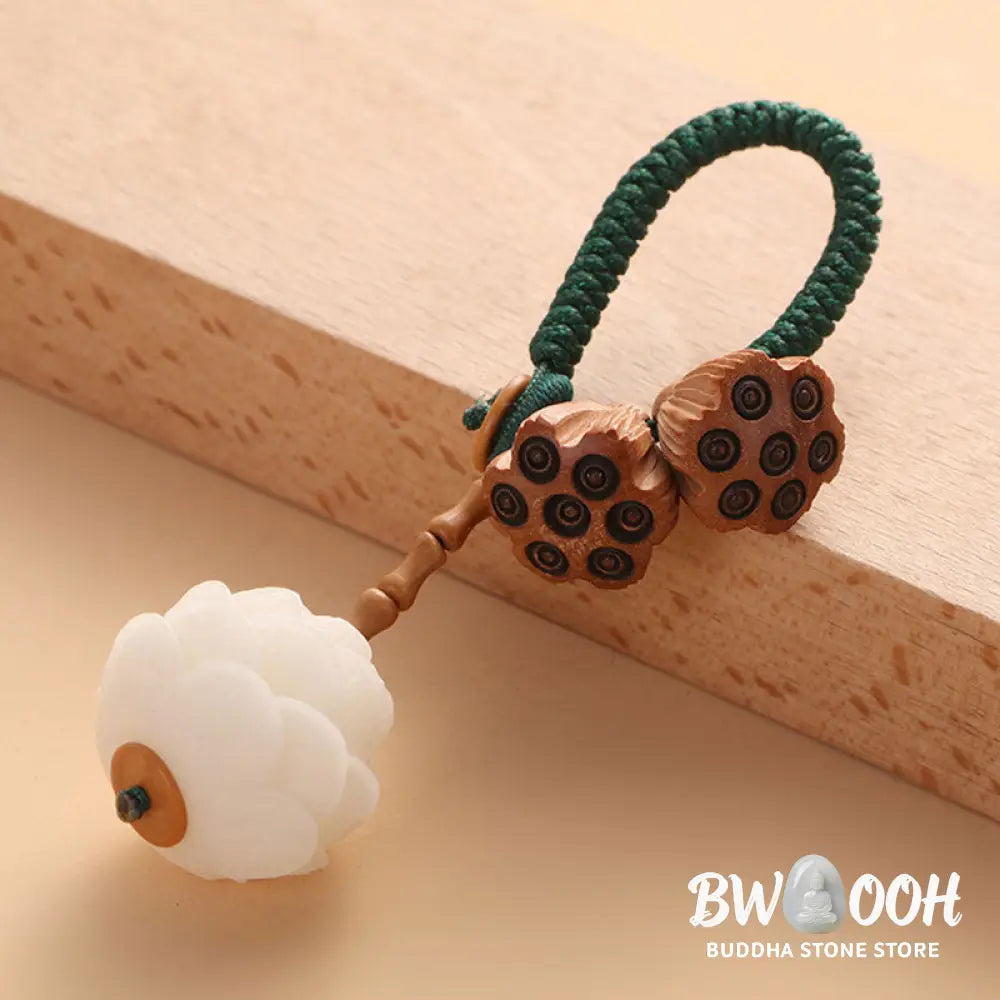 Buddha Stones Lotus Natural White Bodhi Seed Peach Wood Luck Keychain Decoration - Key Chain