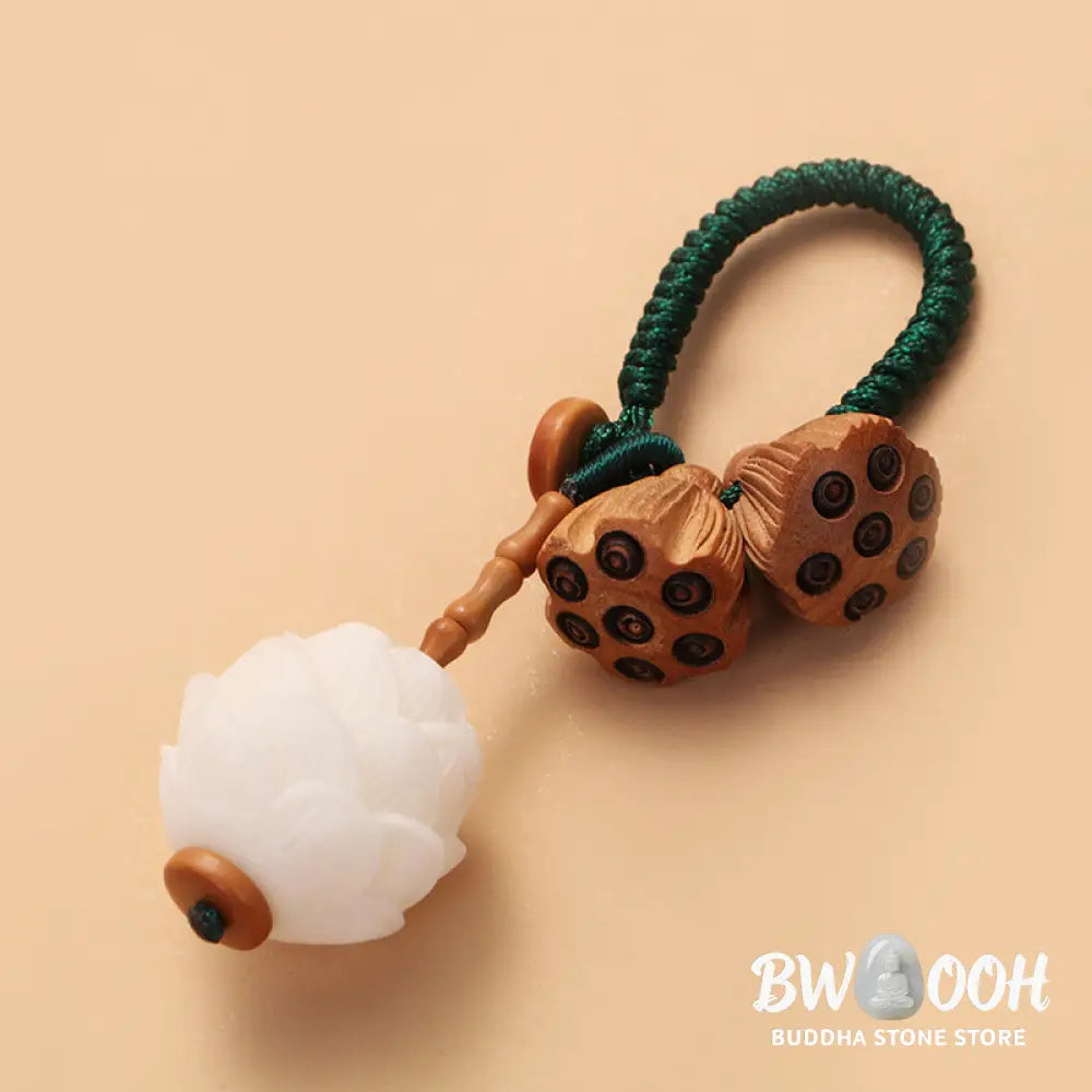 Buddha Stones Lotus Natural White Bodhi Seed Peach Wood Luck Keychain Decoration - Key Chain