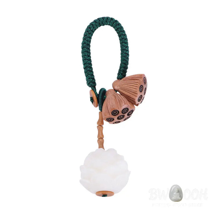 Buddha Stones Lotus Natural White Bodhi Seed Peach Wood Luck Keychain Decoration - Key Chain