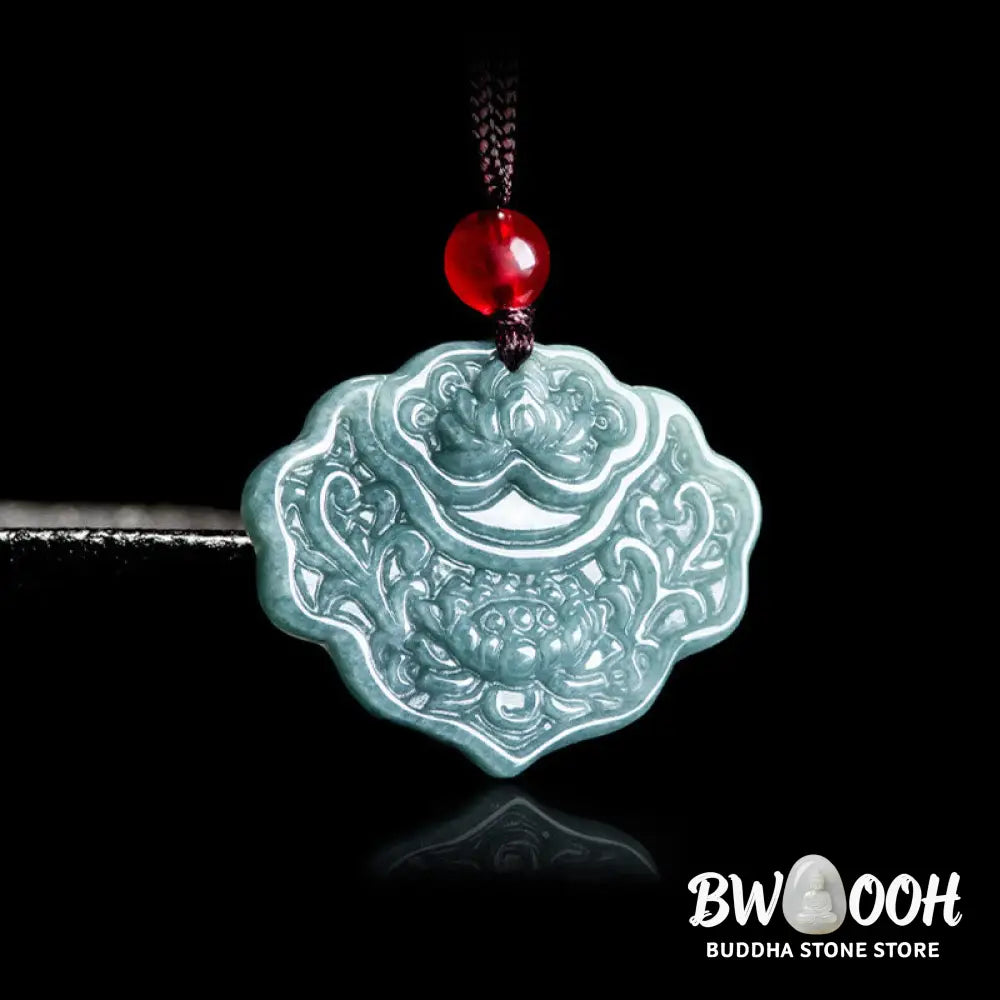 Buddha Stones Lotus Pattern Carved Jade Abundance Prosperity Necklace Rope Pendant - BWOOOH - Jade - Necklaces &amp;