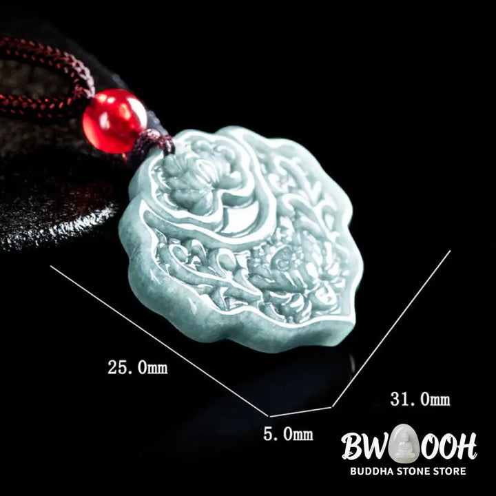 Buddha Stones Lotus Pattern Carved Jade Abundance Prosperity Necklace Rope Pendant - BWOOOH - Jade - Necklaces &amp;